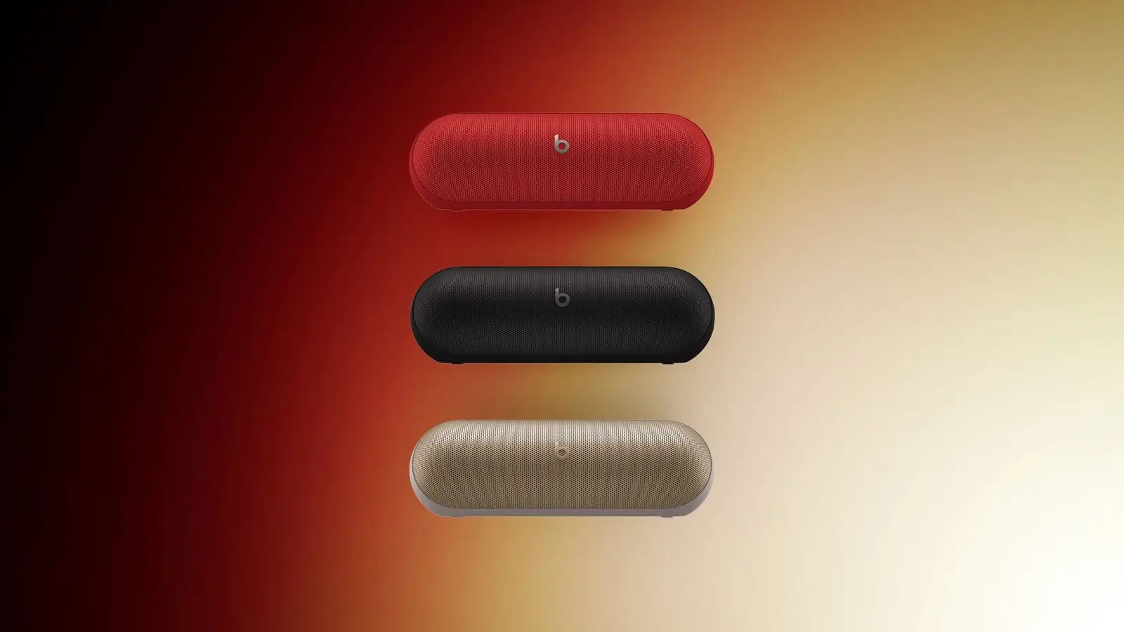 Images of the latest Beats Pill Speaker 2024 in Black, Gold and Red.