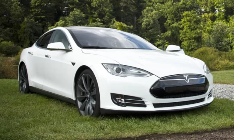 Tesla Model S in White parked on the grass